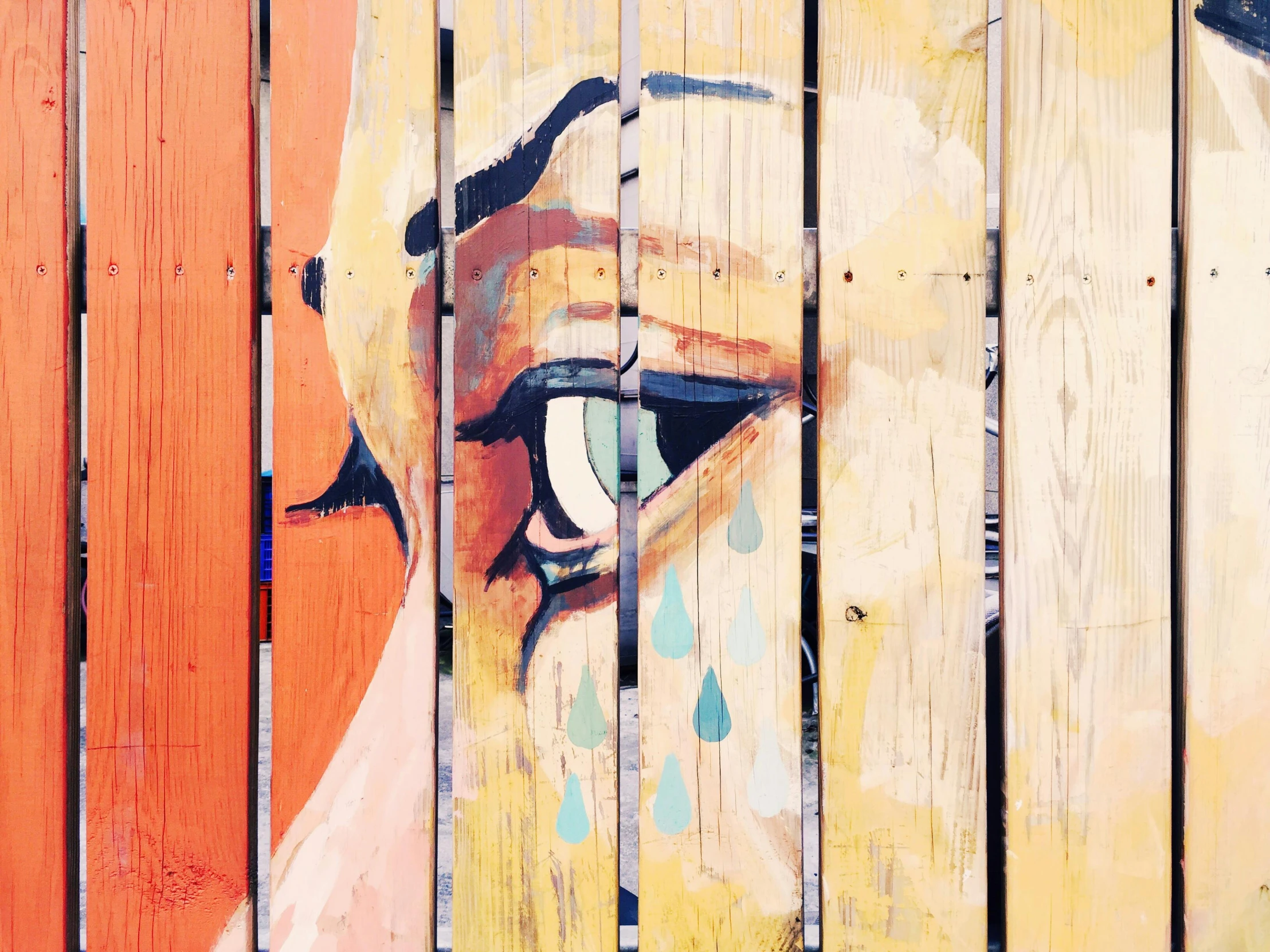a painting of a woman's face on a wooden fence, trending on pexels, tear drop, full body close-up shot, extremely graphic, an eye