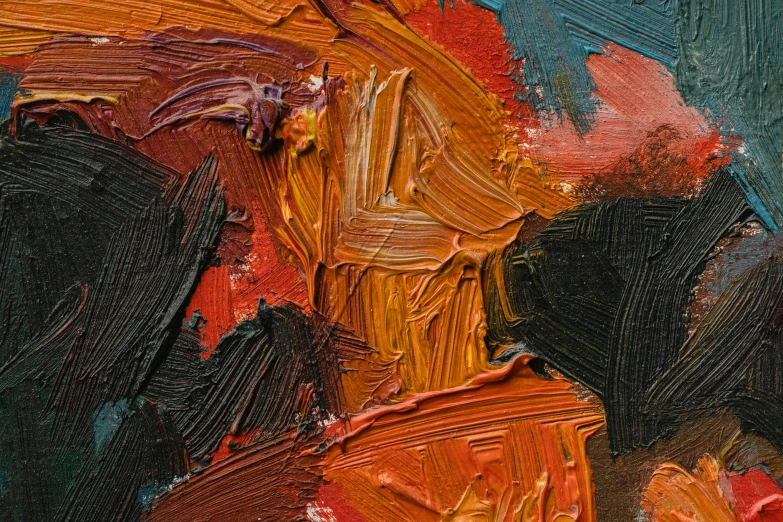 a close up of a close up of a painting, inspired by Frank Auerbach, trending on pexels, dark oranges reds and yellows, feathers and paint, black and auburn colour pallet, detailed product image