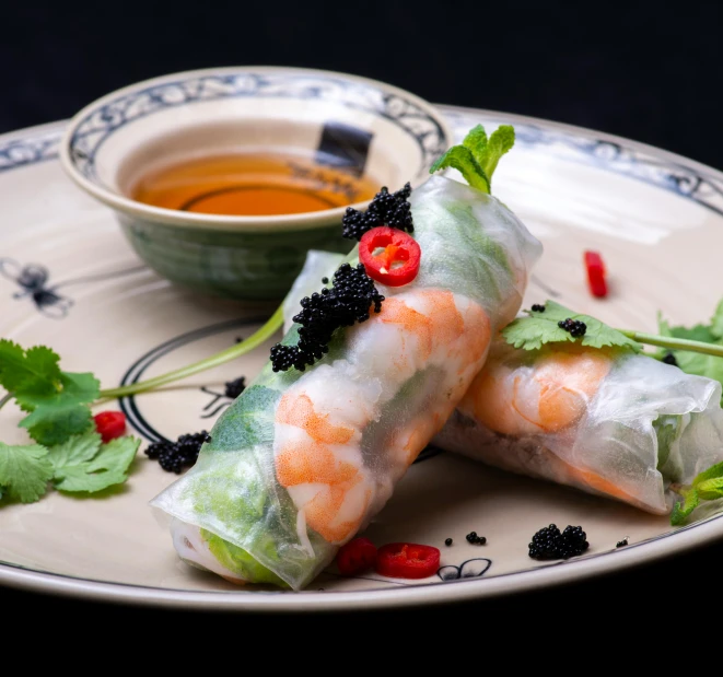 a plate that has some food on it, inspired by Tan Ting-pho, unsplash, gutai group, prawn, cloth wraps, ao dai, sparkling