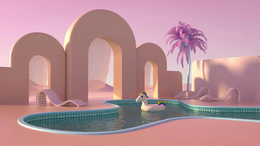 a white swan floating in a pool next to a palm tree, a 3D render, inspired by Ricardo Bofill, behance contest winner, retrofuturism, pink arches, curving geometric arches, raytracing on, disney inspired landscape