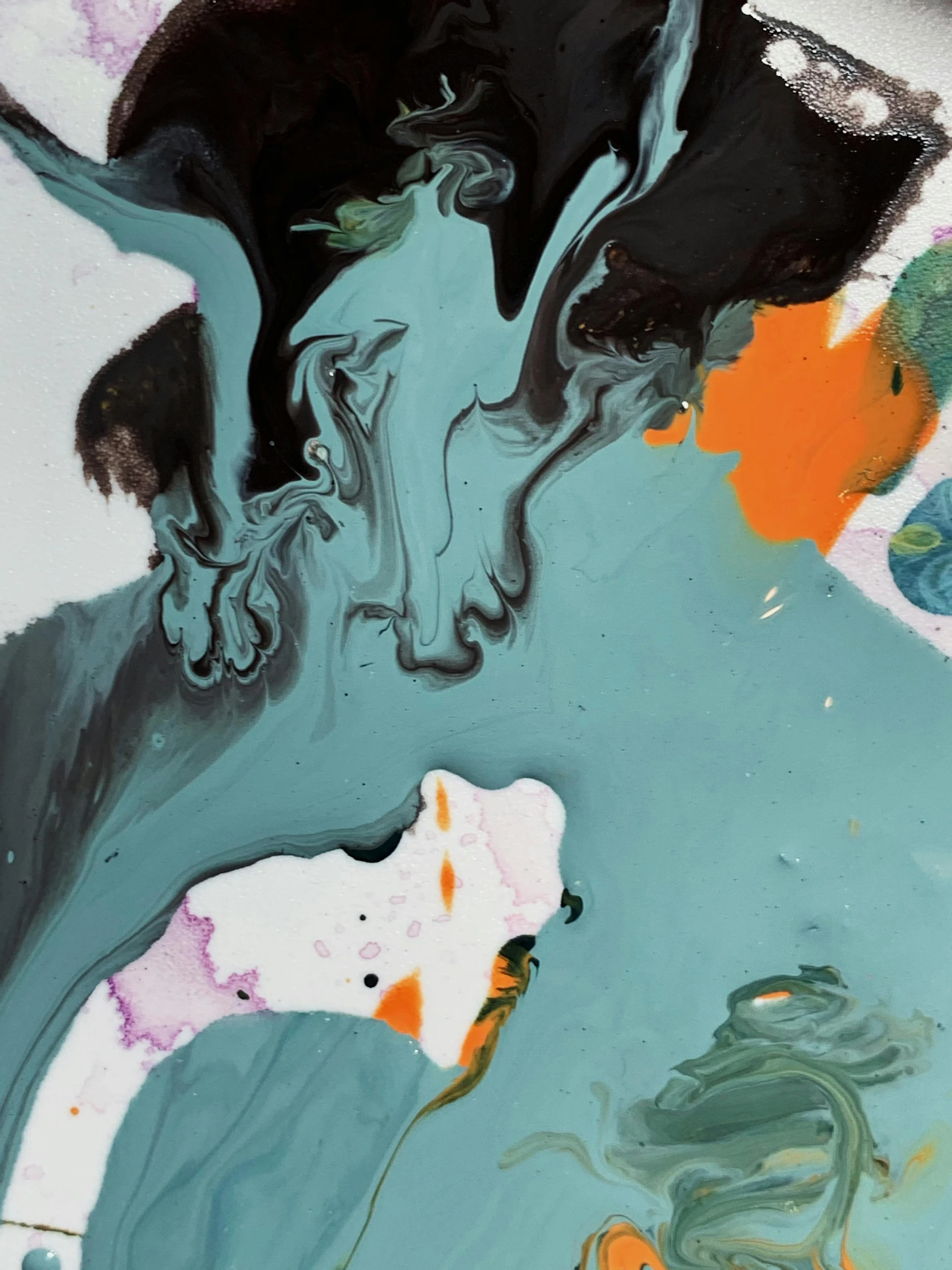 a close up of a painting on a table, an abstract painting, inspired by Shōzō Shimamoto, lyrical abstraction, cyan and orange, james nares, ( ( abstract ) ), portrait made of paint