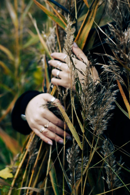 a woman holding a bunch of tall grass, inspired by Elsa Bleda, unsplash, wearing two metallic rings, wearing hay coat, promo image, dark. no text