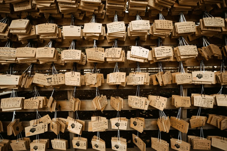 a bunch of wooden notes attached to a wall, inspired by Sesshū Tōyō, unsplash, sōsaku hanga, shrines, labeled, padlocks, adorable