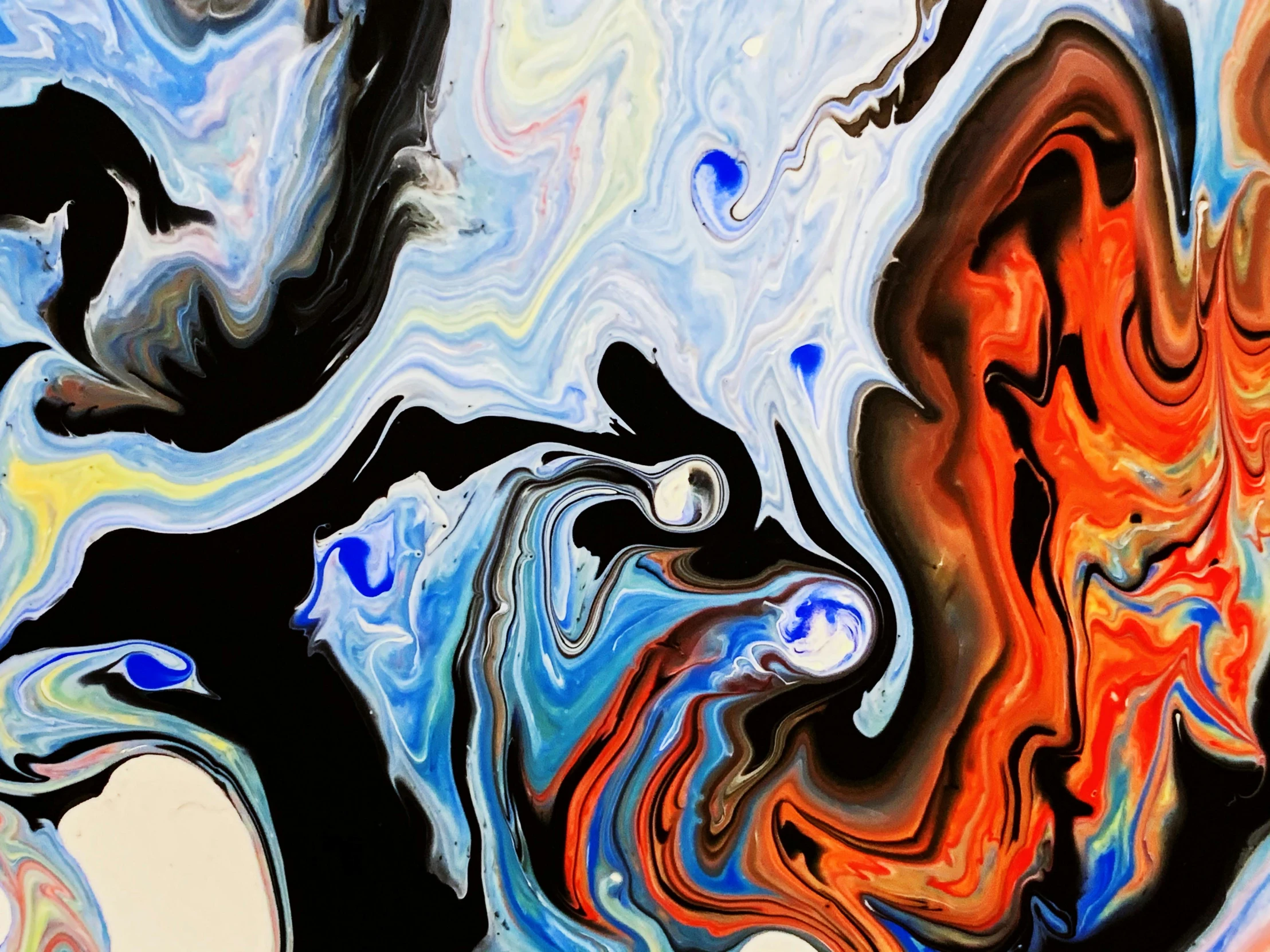 a close up of a painting with many colors, an abstract painting, reddit, swirling flames, digital art - n 9, black paint flows down, orange and blue colors