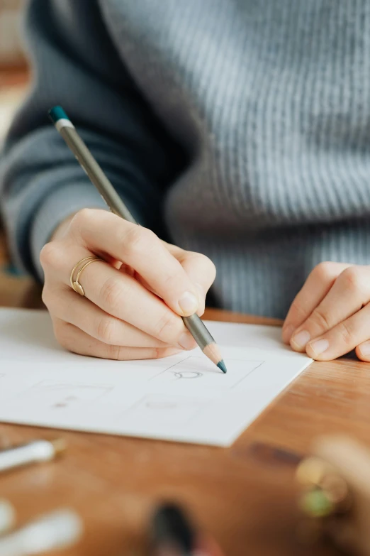 a woman sitting at a table writing on a piece of paper, a drawing, professionally detailed, carefully crafted, simple drawing, centered design