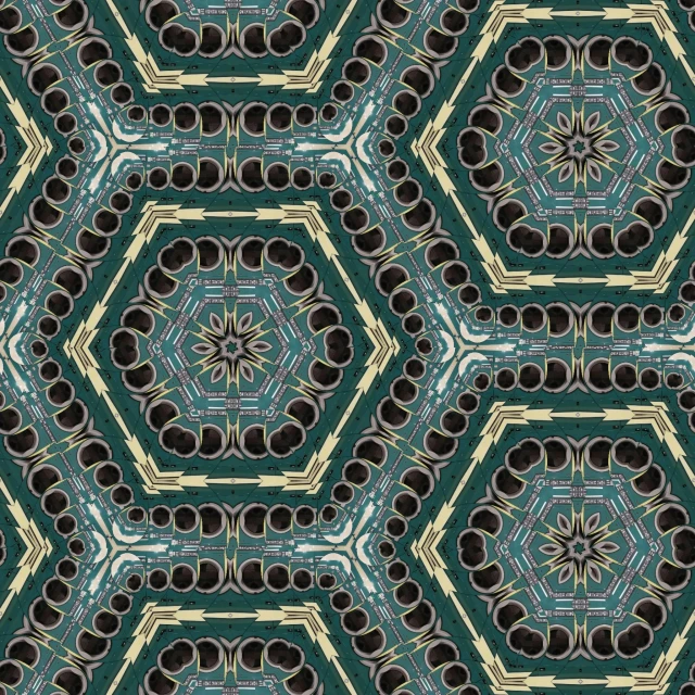 a pattern that looks like hexagons, a digital rendering, inspired by Buckminster Fuller, cogs and springs and jewels, street of teal stone, intricate ”, 1920s gaudy color