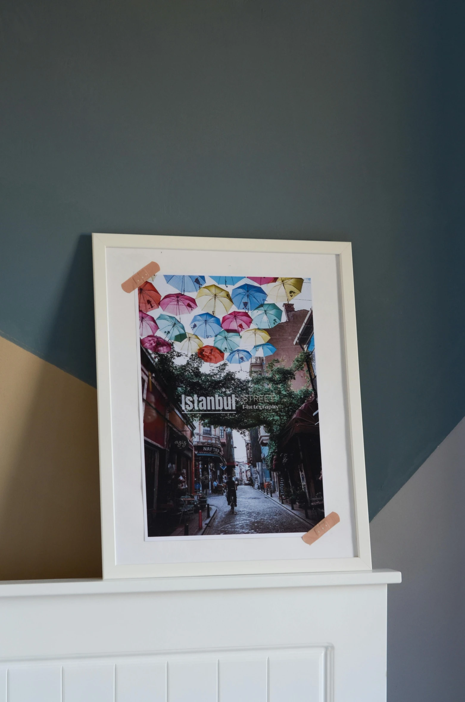 a picture frame sitting on top of a dresser, inspired by Niyazi Selimoglu, pexels contest winner, interactive art, with paper lanterns, istanbul, 3/4 view from below, full colour print