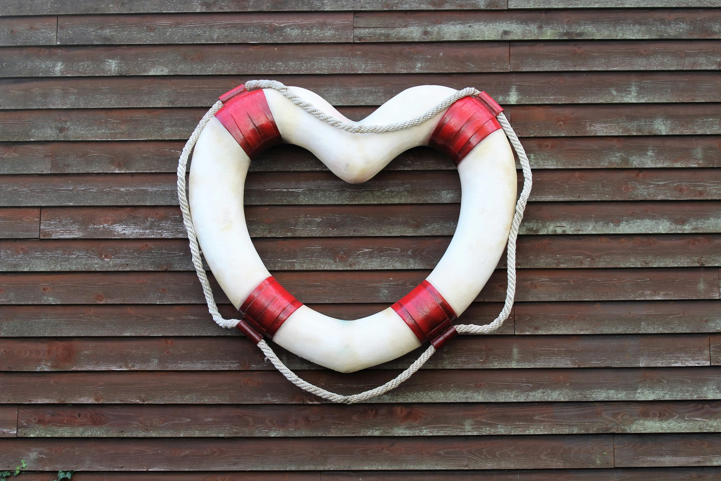 a life preserver hanging on the side of a building, a photo, pexels, folk art, forming a heart with their necks, white red, made of glowing wax and ceramic, highly polished