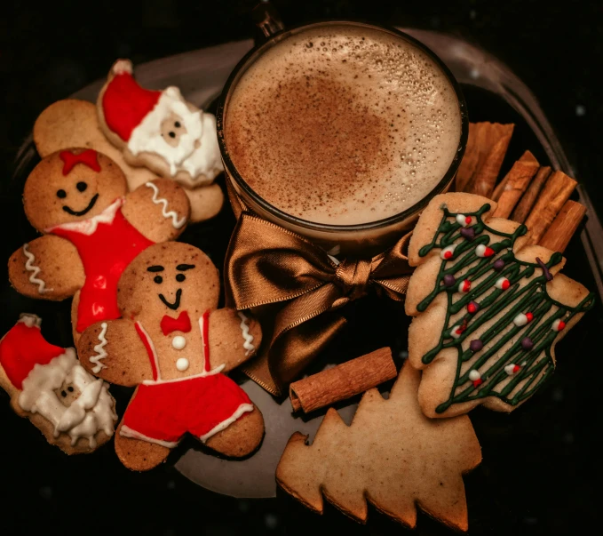 a plate of cookies and a cup of coffee, by Julia Pishtar, pexels, folk art, christmas night, background image, group photo, mid shot photo