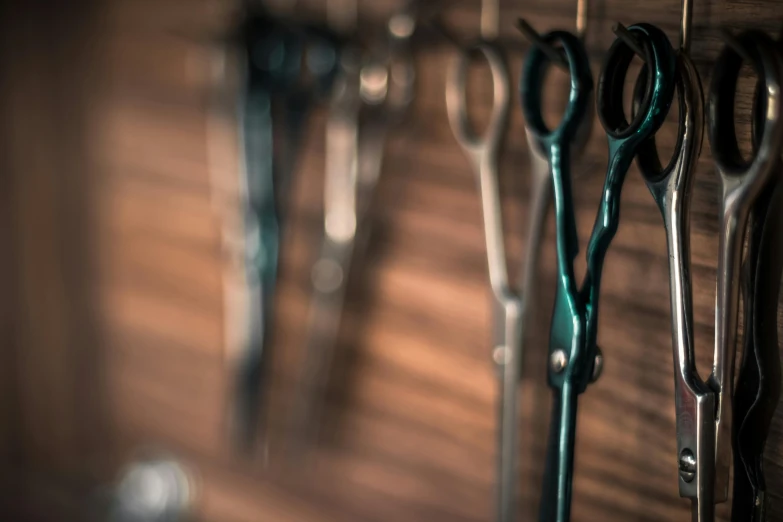 a bunch of pairs of scissors hanging on a wall, a portrait, by Adam Marczyński, trending on pexels, arts and crafts movement, medical equipment, copper and deep teal mood, blurred, where a large