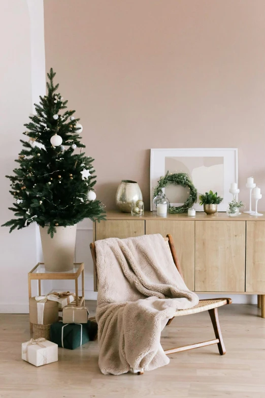 a living room filled with furniture and a christmas tree, a portrait, trending on pexels, modernism, serene bedroom setting, beige color scheme, soft vignette, promo image