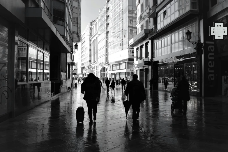 a group of people walking down a city street, a black and white photo, by Michalis Oikonomou, pexels contest winner, after rain, square, empty city, people at work