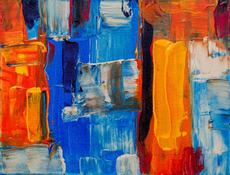 a painting of a group of orange and blue vases, by Micha Klein, pexels contest winner, abstract art, oil on canvas 4k, abstract blocks, acrylic canvas, blue