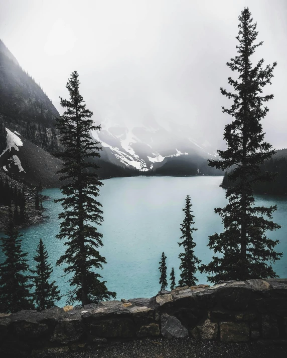 a large body of water surrounded by trees, inspired by Elsa Bleda, pexels contest winner, banff national park, gray skies, turquoise, conde nast traveler photo