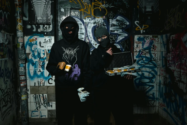 a person standing in a room with graffiti on the walls, wearing a dark hood, 2 people, ready to eat, grindcore