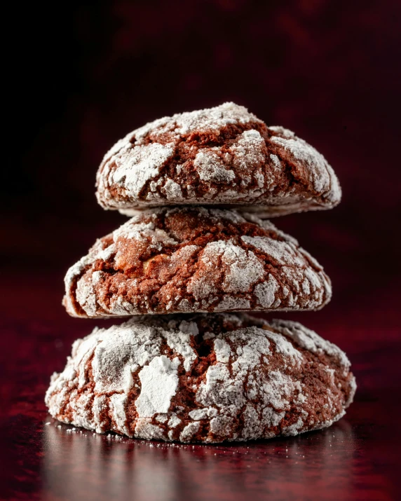 three chocolate crinkle cookies stacked on top of each other, a portrait, by Daniel Gelon, shutterstock contest winner, baroque, moulin rouge, 15081959 21121991 01012000 4k, backlighted, crimson