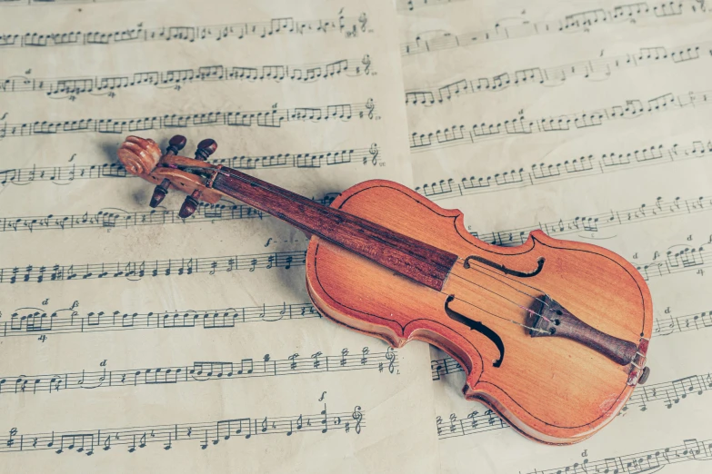 a violin sitting on top of a sheet of music, thumbnail, vintage vibe, instruments, list