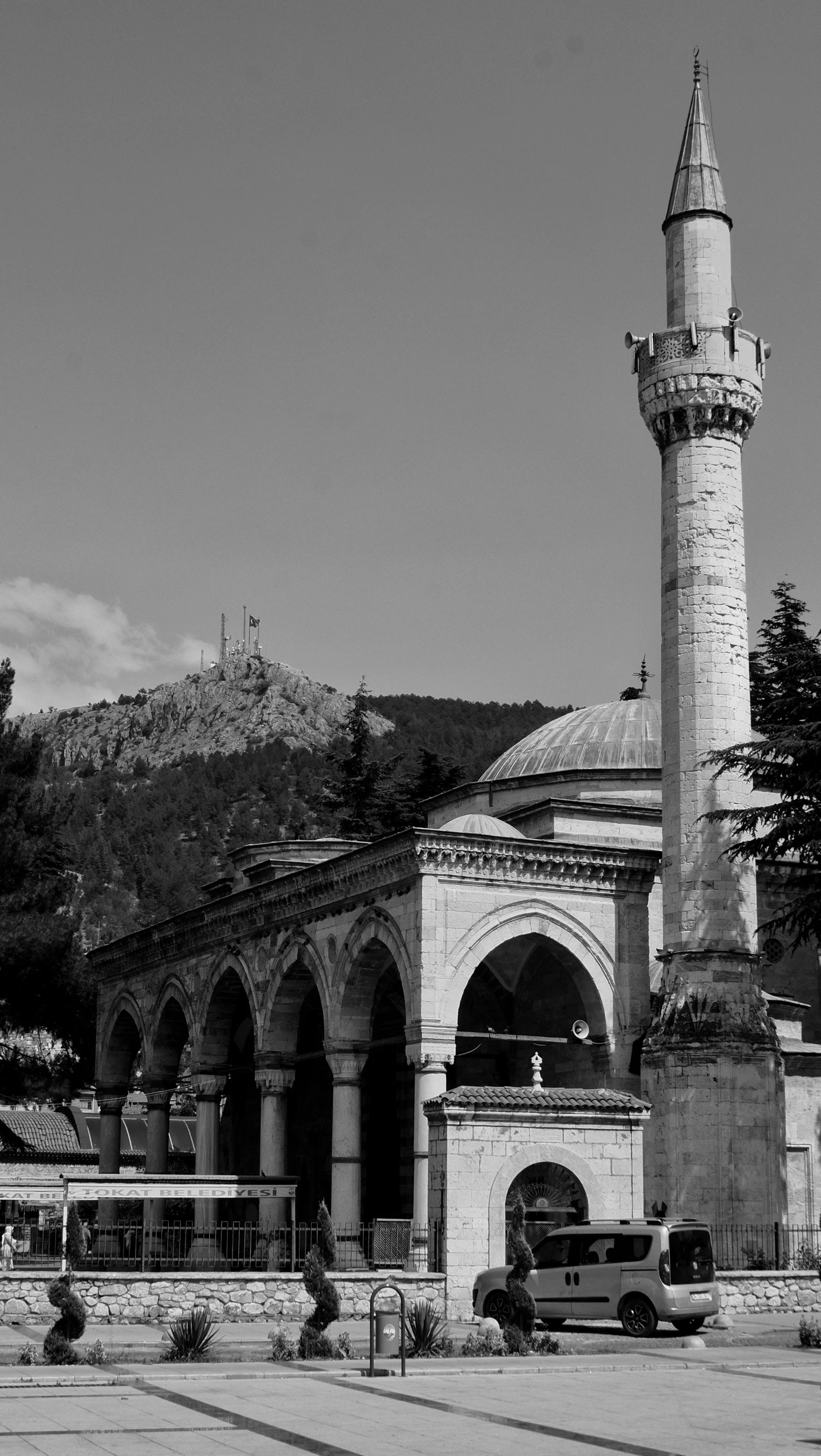 a black and white photo of a mosque, a black and white photo, inspired by Fikret Muallâ Saygı, hurufiyya, mount olympus, :: morning, monument, al fresco