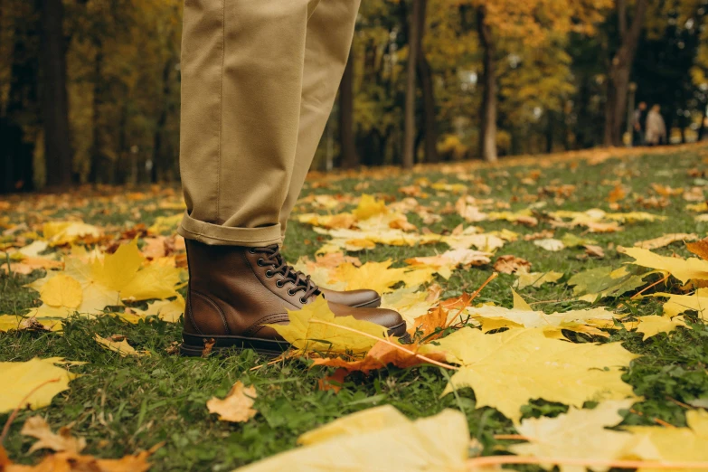 a person standing in a field of leaves, khakis, leather boots, yellow and olive color scheme, in a park