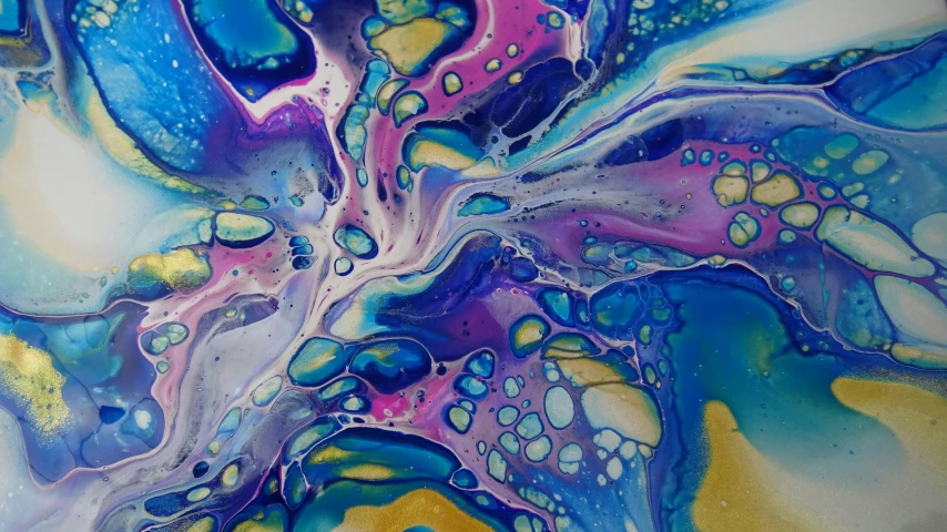 a close up of a painting of a flower, a detailed painting, inspired by Sam Francis, metaphysical painting, iridescent soapy bubbles, flowing milk, some purple and blue, resin and clay art