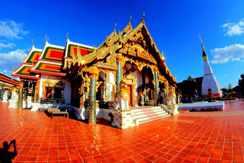 a group of people that are standing in front of a building, thai temple, wide angle ultra - vivid, square, image