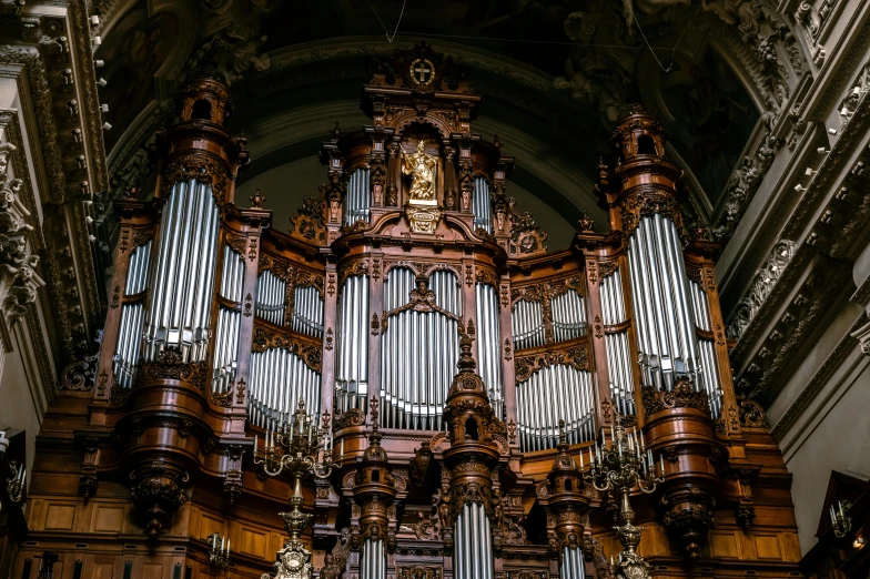 a large pipe organ sitting inside of a building, an album cover, pexels contest winner, baroque, hannover, profile image, made of intricate metal and wood, cyberpunk church