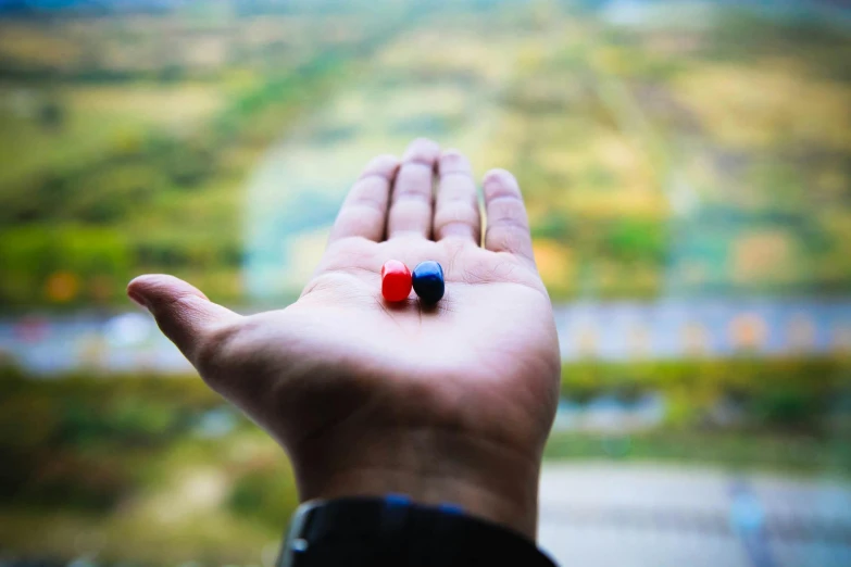 a person holding two pills in their hand, a tilt shift photo, by Julia Pishtar, unsplash, red + black + dark blue + beige, perspective shot from the sky, close up shot of an amulet, instagram post