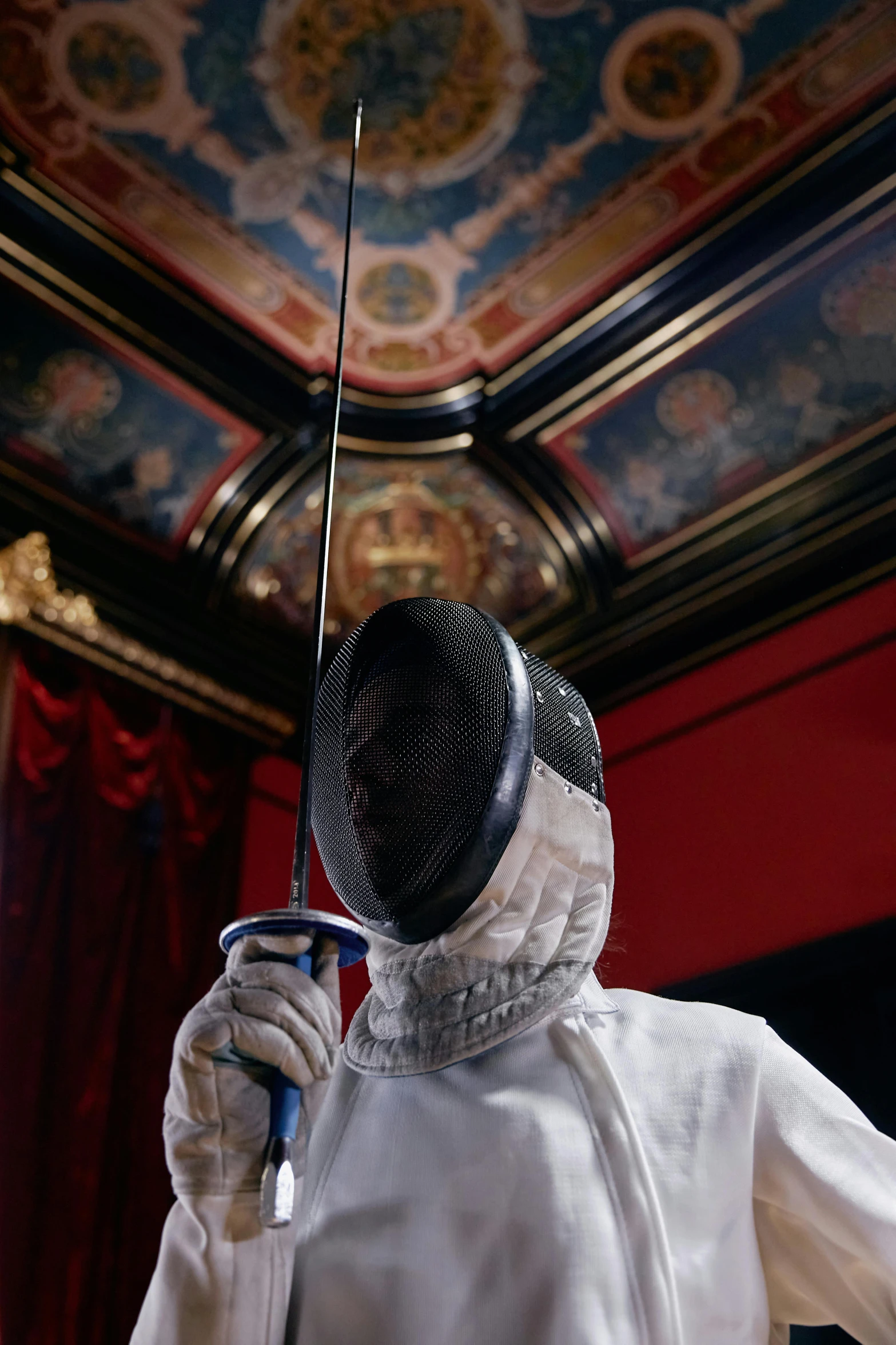 a man in a fencing suit holding a sword, inspired by Horace Vernet, pexels contest winner, renaissance, in a museum room, teaser, ( ( theatrical ) ), royal academy