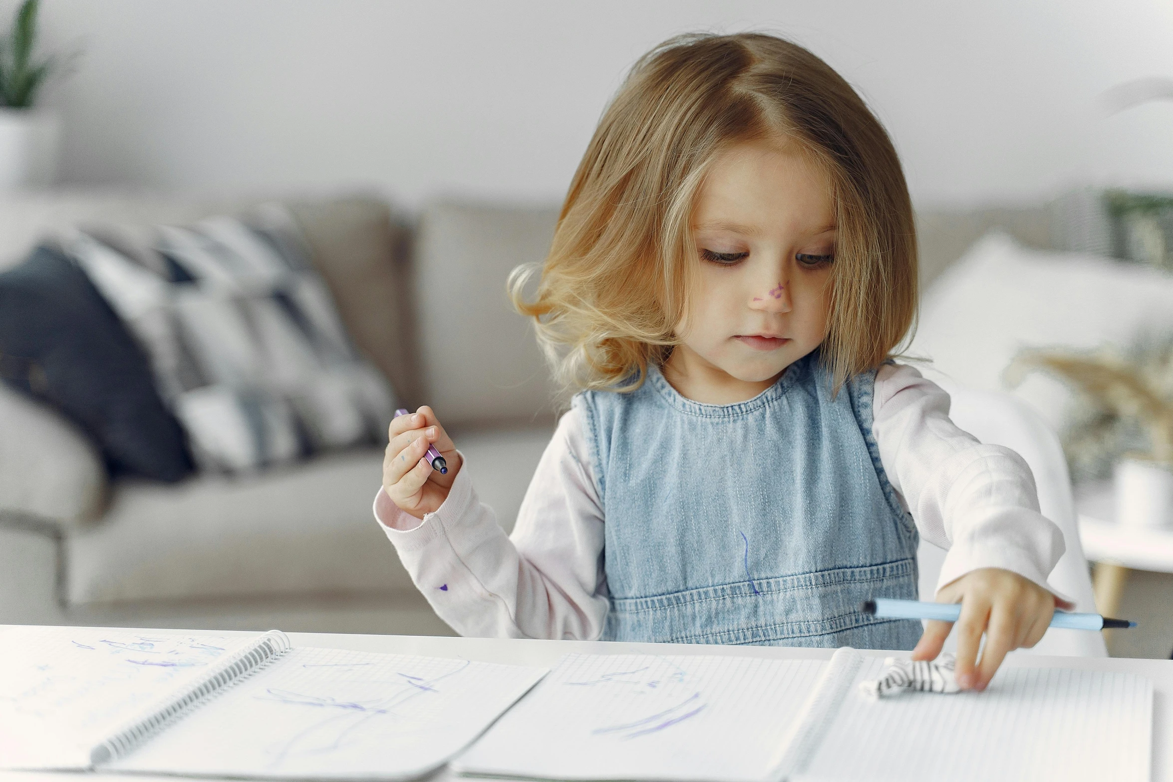 a little girl that is sitting at a table, a child's drawing, by Nicolette Macnamara, pexels contest winner, whiteboards, casual pose, serious business, thumbnail