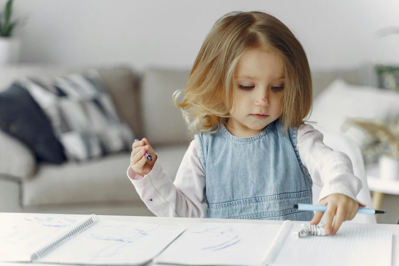 a little girl that is sitting at a table, a child's drawing, by Nicolette Macnamara, pexels contest winner, whiteboards, casual pose, serious business, thumbnail