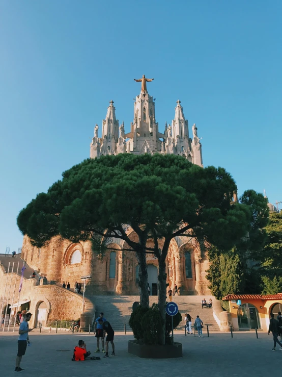 a group of people standing around a tree in front of a building, by Gaudi, pexels contest winner, church, 🚿🗝📝, palace on top of the hill, gif