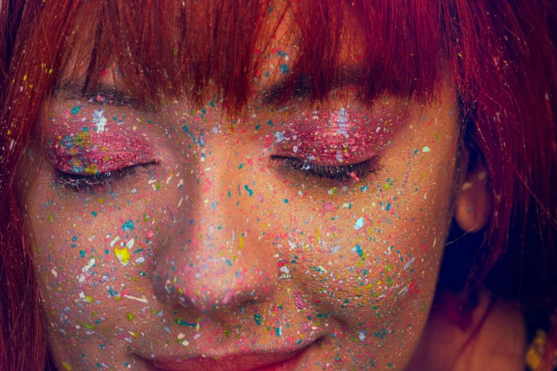 a woman with red hair and glitter on her face, trending on pexels, pointillism, messy bangs, happy colours, ((messy)), colorful mold