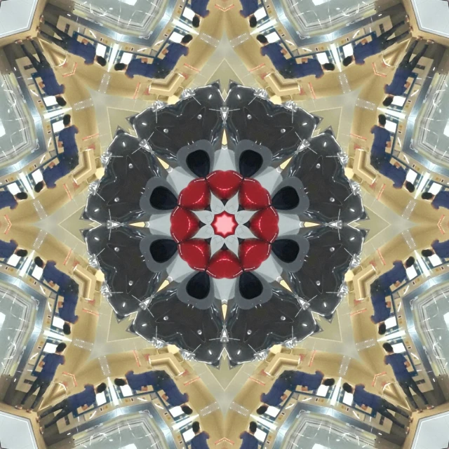 a picture of the inside of a building, inspired by Buckminster Fuller, digital art, mandala, [ overhead view ]!, people at work, red black white golden colors