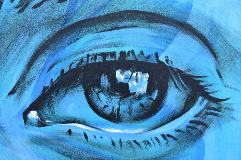 a close up of a painting of an eye, an acrylic painting, by Andrée Ruellan, visual art, penned in cyan ink, 144x144 canvas, blue, sky blue eyes