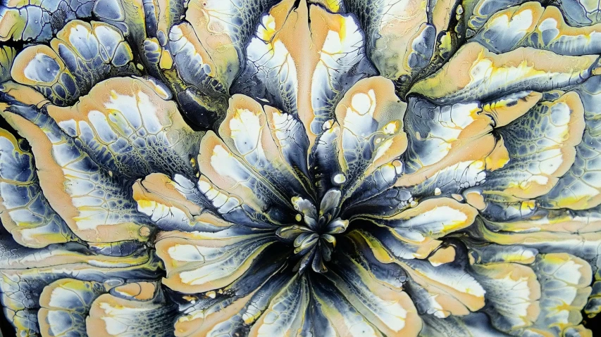 a close up of a painting of a flower, a detailed painting, inspired by Carpoforo Tencalla, baroque, black and yellow colors, organic ceramic fractal forms, ink painting ) ) ) ), collaborative artwork
