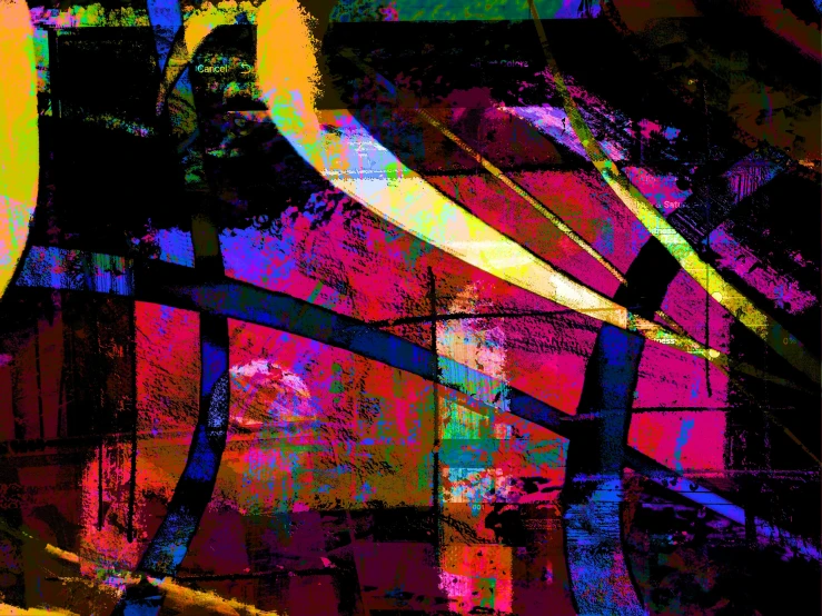 a colorful abstract painting on a black background, a digital painting, inspired by Hans Hartung, flickr, grungy; colorful, curving, grungy dystopia, montage