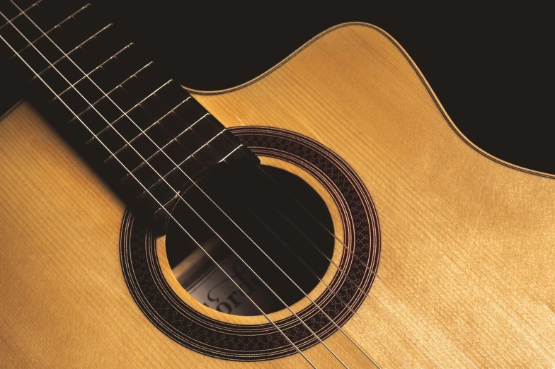 a close up of a guitar on a black background, an album cover, gaughan, perfectly shaded, brown, thumbnail