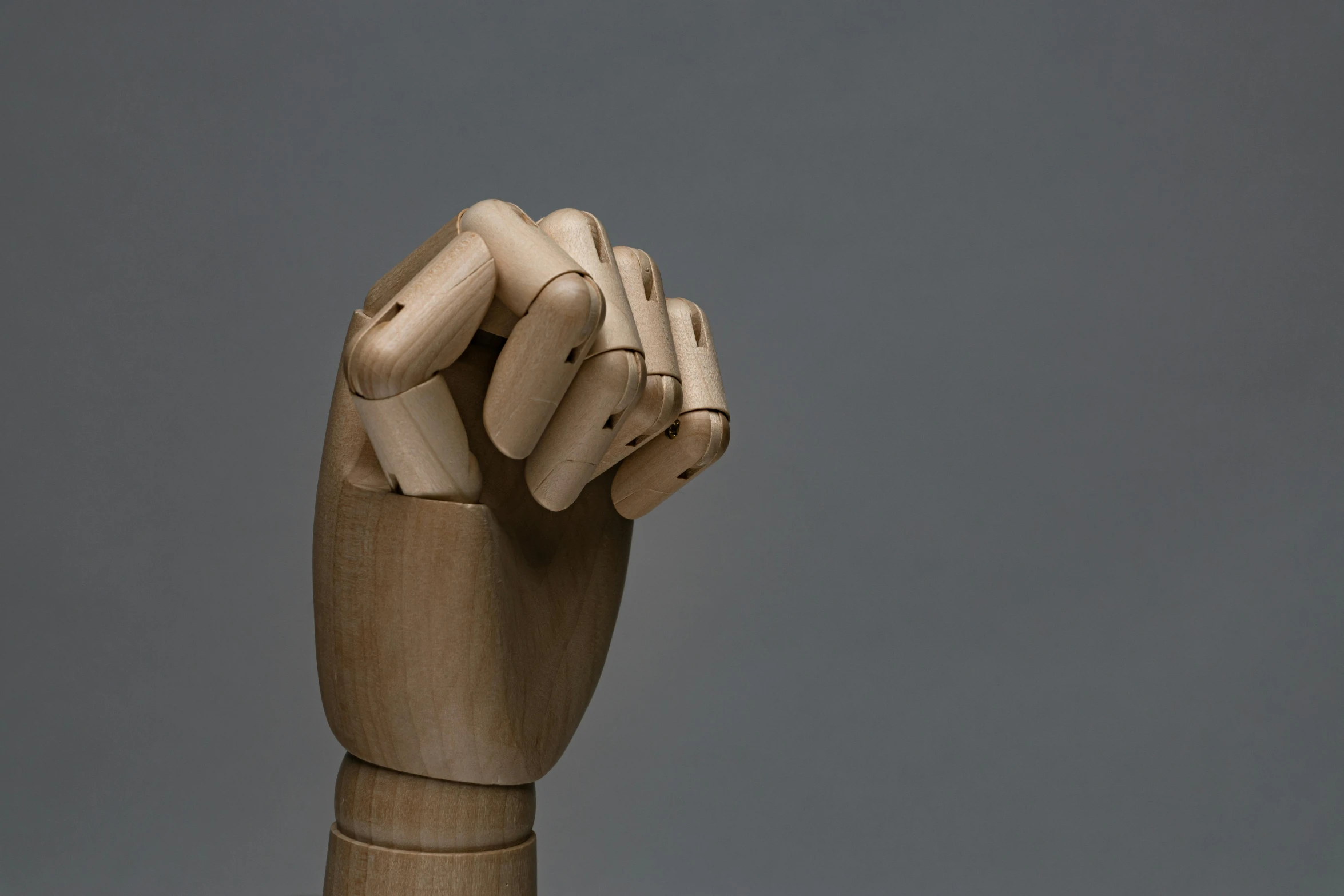 a wooden sculpture of a hand holding something, inspired by Sarah Lucas, unsplash, visual art, on a mannequin. high resolution, alessio albi, on grey background, raised fist