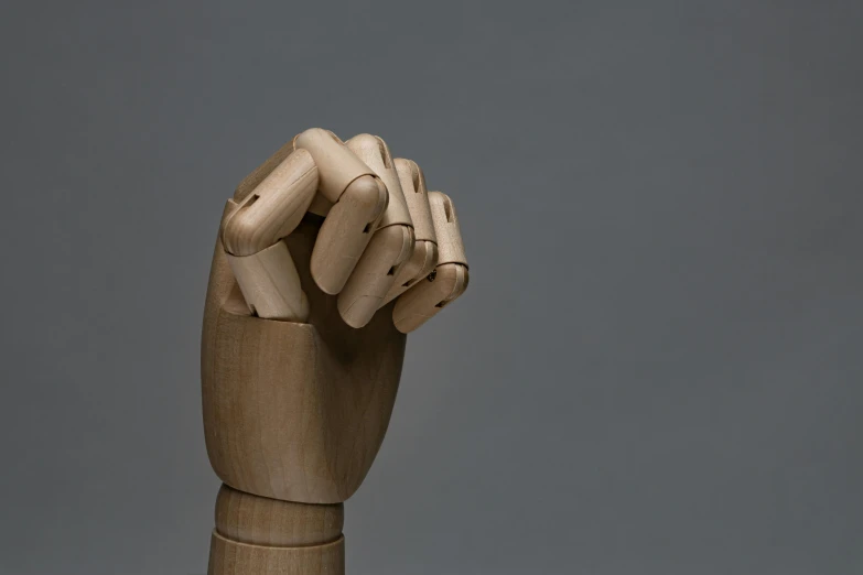 a wooden sculpture of a hand holding something, inspired by Sarah Lucas, unsplash, visual art, on a mannequin. high resolution, alessio albi, on grey background, raised fist