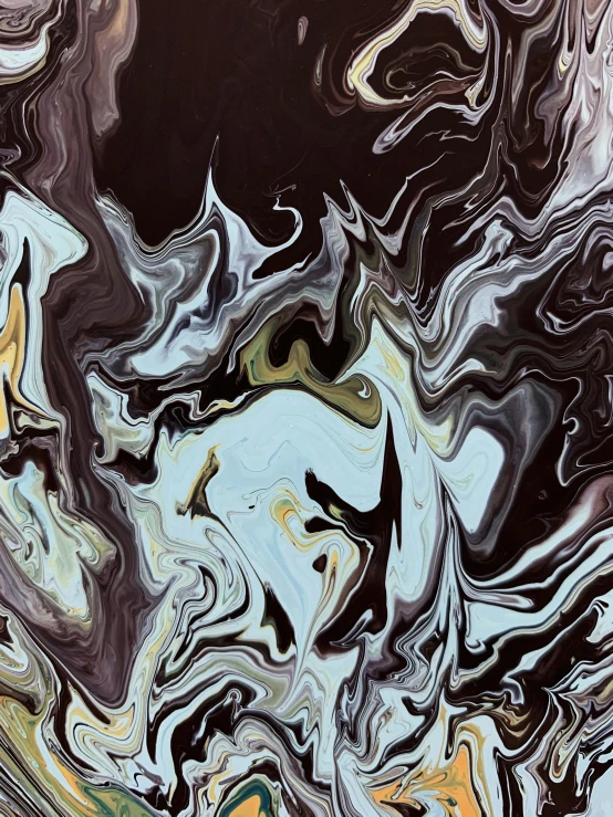 a close up of a painting on a wall, an abstract painting, trending on pexels, smothered in melted chocolate, white lava, ilustration, swirly