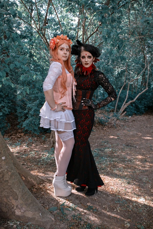 a couple of women standing next to each other, an album cover, inspired by Lucas Cranach the Elder, unsplash, victorian gothic lolita fashion, hot topic anime convention, felicia day, in the park