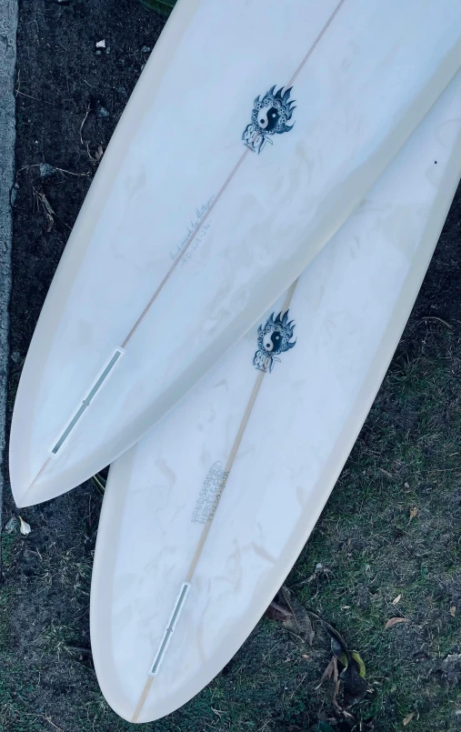 two surfboards laying next to each other on the ground, by Tom Bonson, reddit, low quality photo, high details photo, (fire), dipstick tail