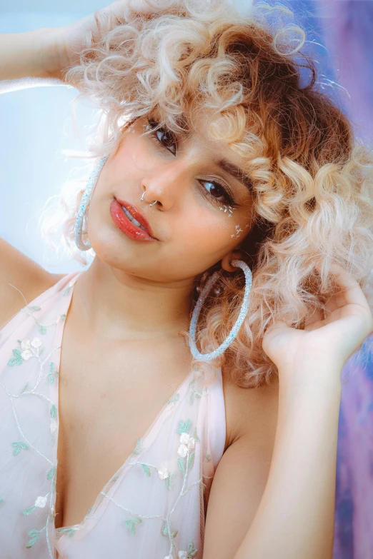 a woman with blonde hair posing for a picture, an album cover, inspired by Elsa Bleda, trending on pexels, rococo, curly bangs, light skin, headshot of young female furry, pastel'