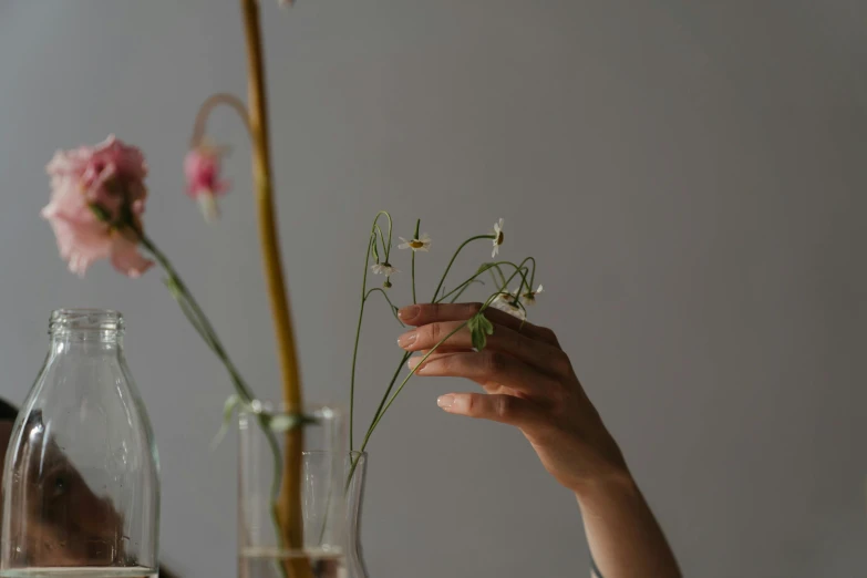 a close up of a person holding a flower in a vase, a still life, unsplash, hands reaching for her, glass arms, tall thin, ikebana