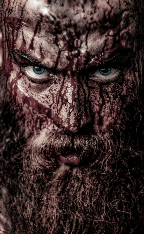 a close up of a man with blood on his face, an album cover, by Gavin Nolan, pexels contest winner, viking beard, scowling, runic, alpha movie