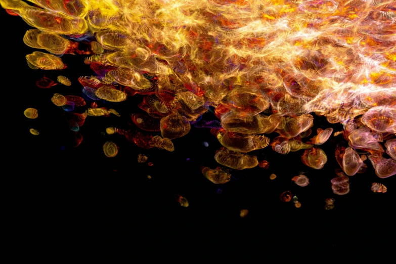 a close up of a cell phone with fire coming out of it, a microscopic photo, unsplash, generative art, many floating spheres, jelly - like texture. photograph, with a black background, underwater looking up