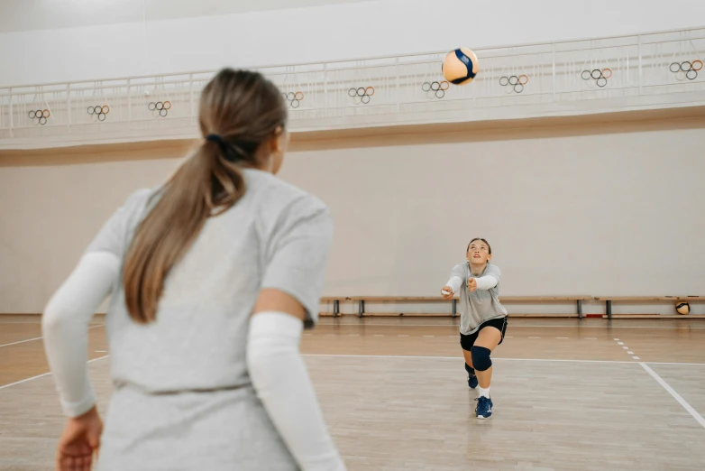 a couple of women playing a game of volleyball, a picture, by Emma Andijewska, unsplash contest winner, shin hanga, indoor, wearing knee and elbow pads, low quality photo, thumbnail