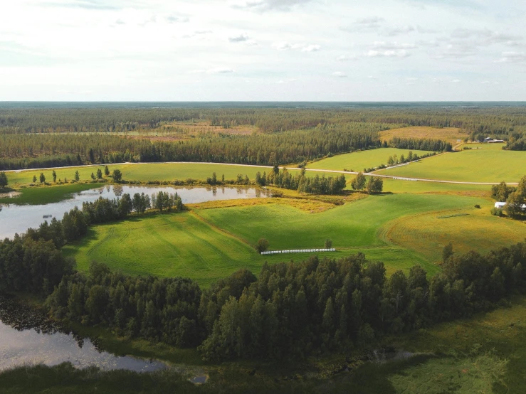 a river running through a lush green field next to a forest, by Jesper Knudsen, pexels contest winner, land art, helsinki, solar field plains, build in a forest near of a lake, wide view of a farm