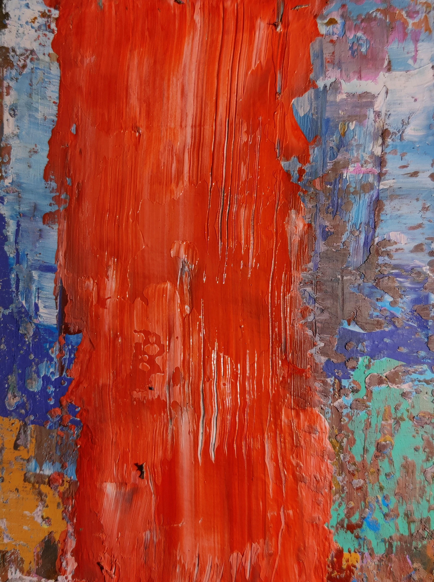 a close up of a painting on a wall, inspired by Gerhard Richter, unsplash, long torn red cape, orange and blue, part petra cortright, layered impasto