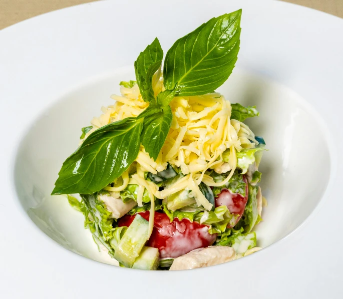 a close up of a plate of food on a table, salad, profile image, daily specials, basil